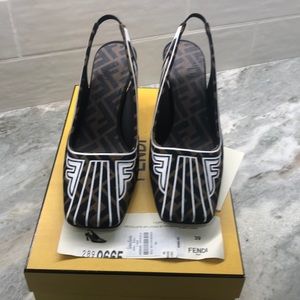 Fendi Black with White Graphic Slingback Heels